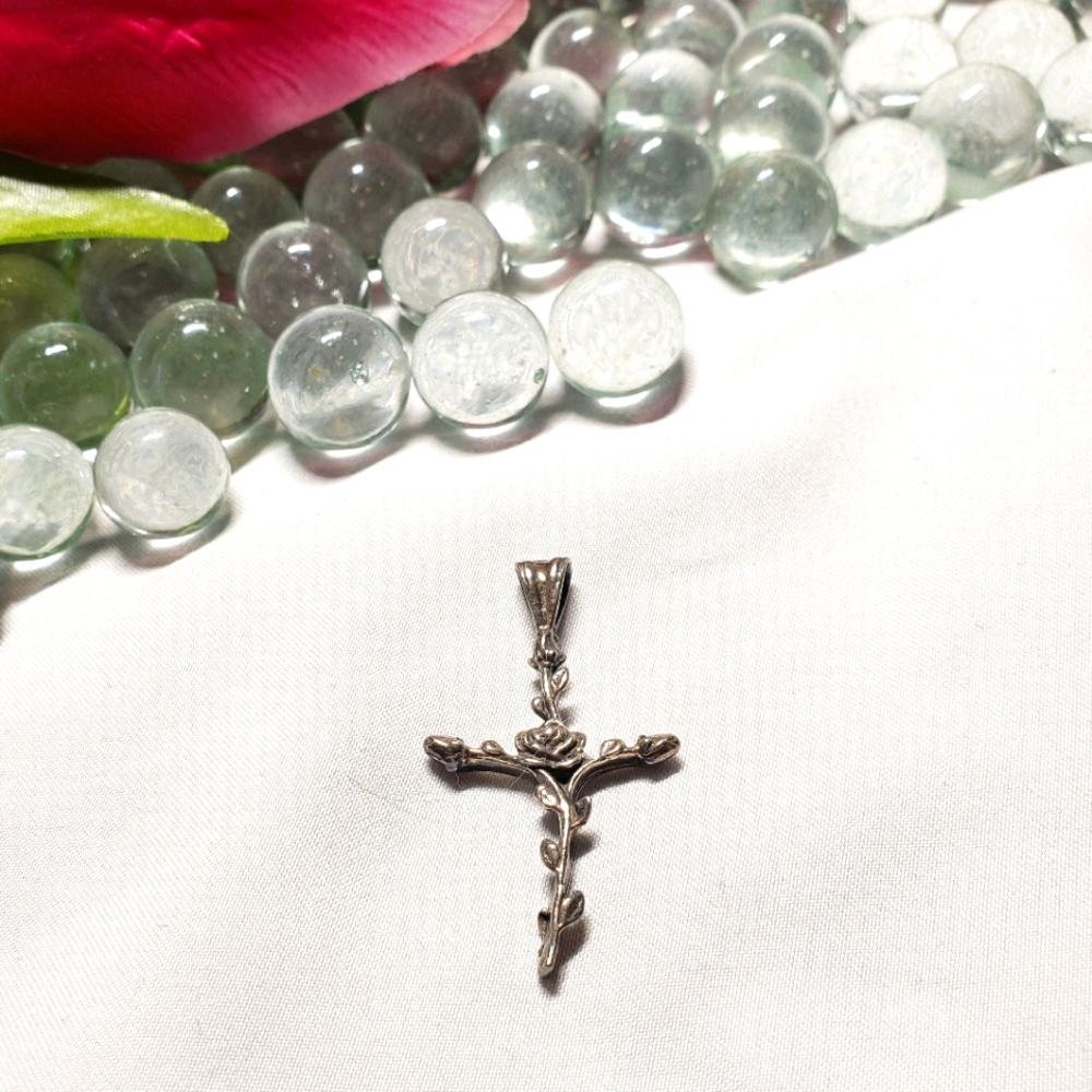 Vintage Silver Rose Bush Cross Pendant